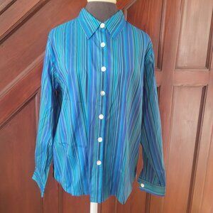 Coldwater Creek Womens Blue & Green Striped 100% Silk Long Sleeve Button-Up Shir